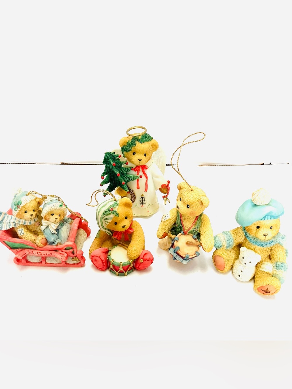 Cherished Teddies 1990/2000’s Christmas Figures Lot(5) Angel Missing Top Of Tree
